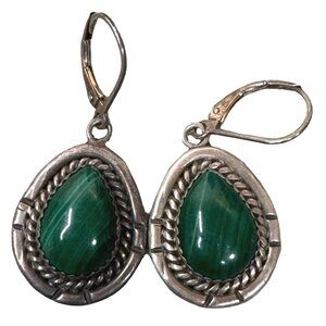 Vintage Native American FW Sterling Silver & Green Malachite Teardrop  Earrings